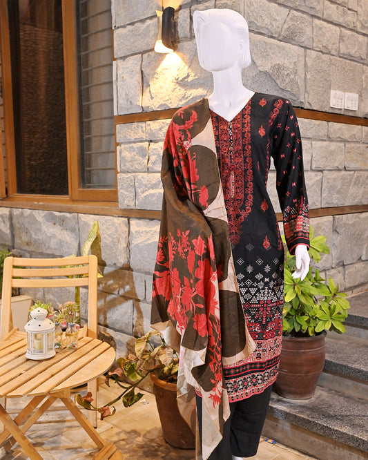 3-Piece Suit | Embroidered & digitally printed Khaddar | Readymade