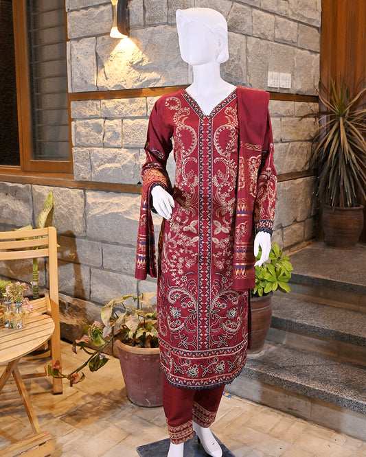 3-Piece Suit | embroidered Dhanak | Readymade