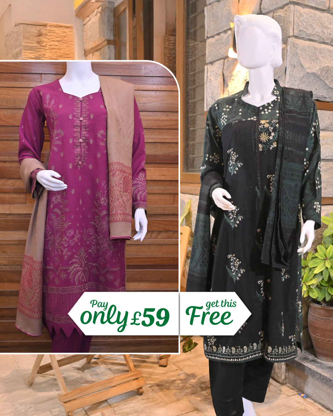 Buy 1 Get 1 Free Readymade 3 Piece Dhanak and Khaddar