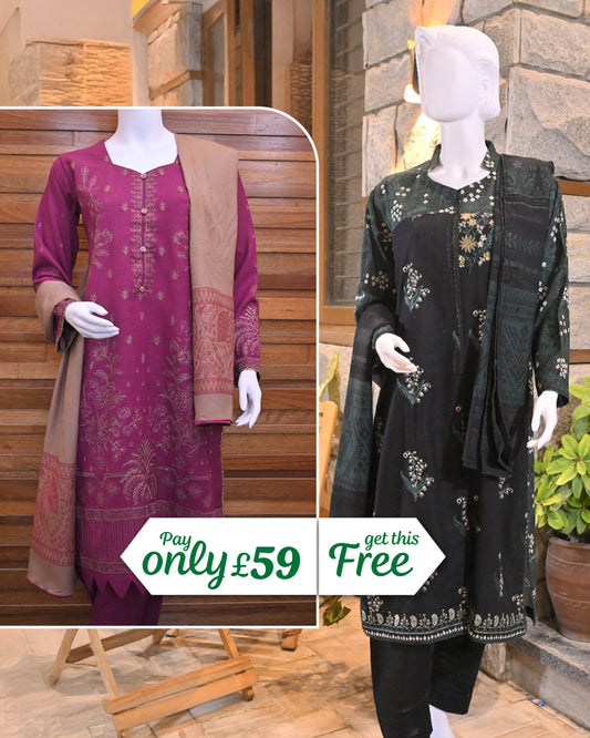 Buy 1 Get 1 Free Readymade 3 Piece Dhanak and Khaddar