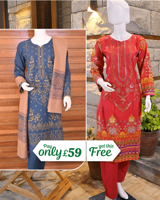 Buy 1 Get 1 Free Readymade 3 Piece Dhanak and Khaddar