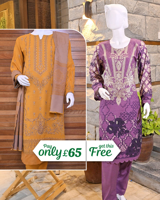 Buy 1 Get 1 Free Readymade 3 Piece Dhanak and Khaddar
